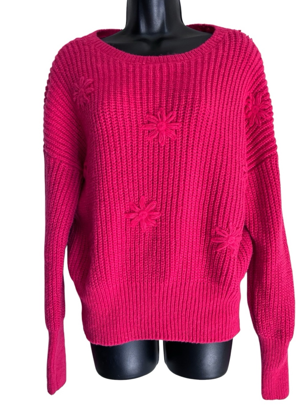 NWT Red Pink Barbiecore Valentines Day Floral Textured Chunky Knit Sweater Sz L
